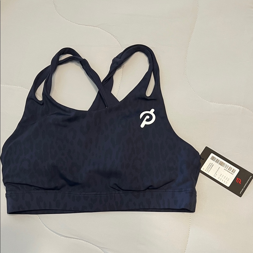 Peloton Women's Navy Move Mission Cheetah Splice Shoulder Bra size M NWT
